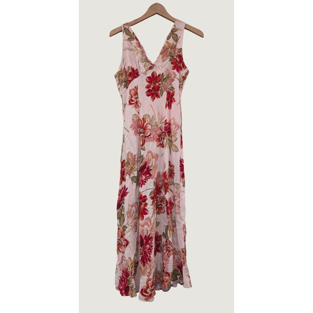 Paper Heart Floral Midi Dress Womens M Pink Linen V Neck Australian Resort Boho